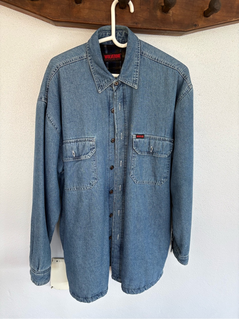 Wolverine Denim Shirt jacket with Plaid fleece Lining in Light Blue.